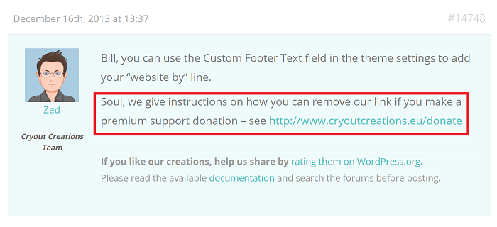Remove Footer Credit Link if Premium Donation